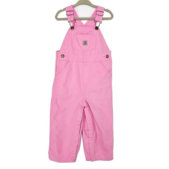 Carhartt Girls Canvas Bib Overalls Size 24 Months Pink Outdoor Chore Pants Work - Picture 1 of 13